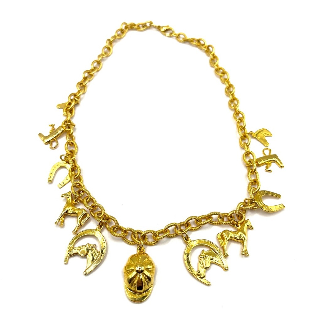 Gold-Tone Equestrian Charm Necklace - Women's Fashion Jewelry polo match horses
